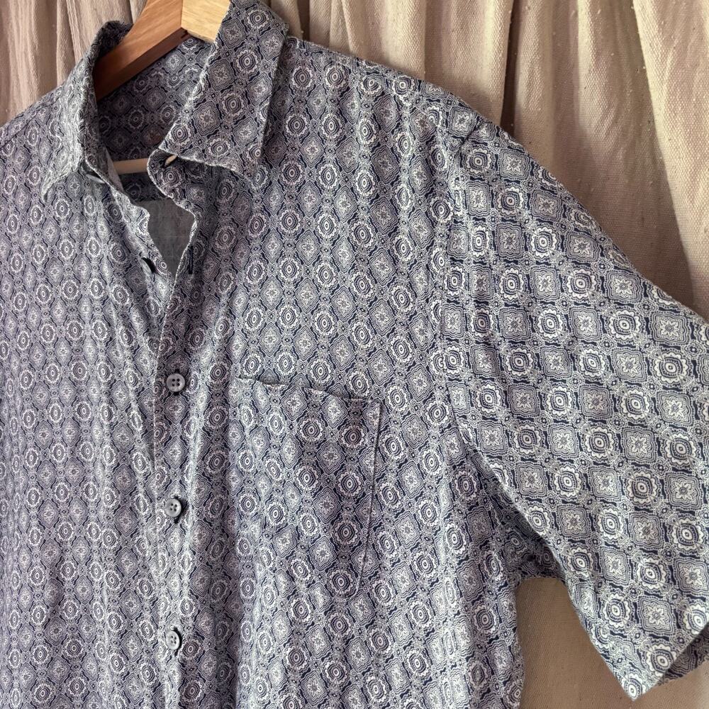 Tasso Elba Linen Short Sleeve Button Down Shirt M Blue Medallion Print